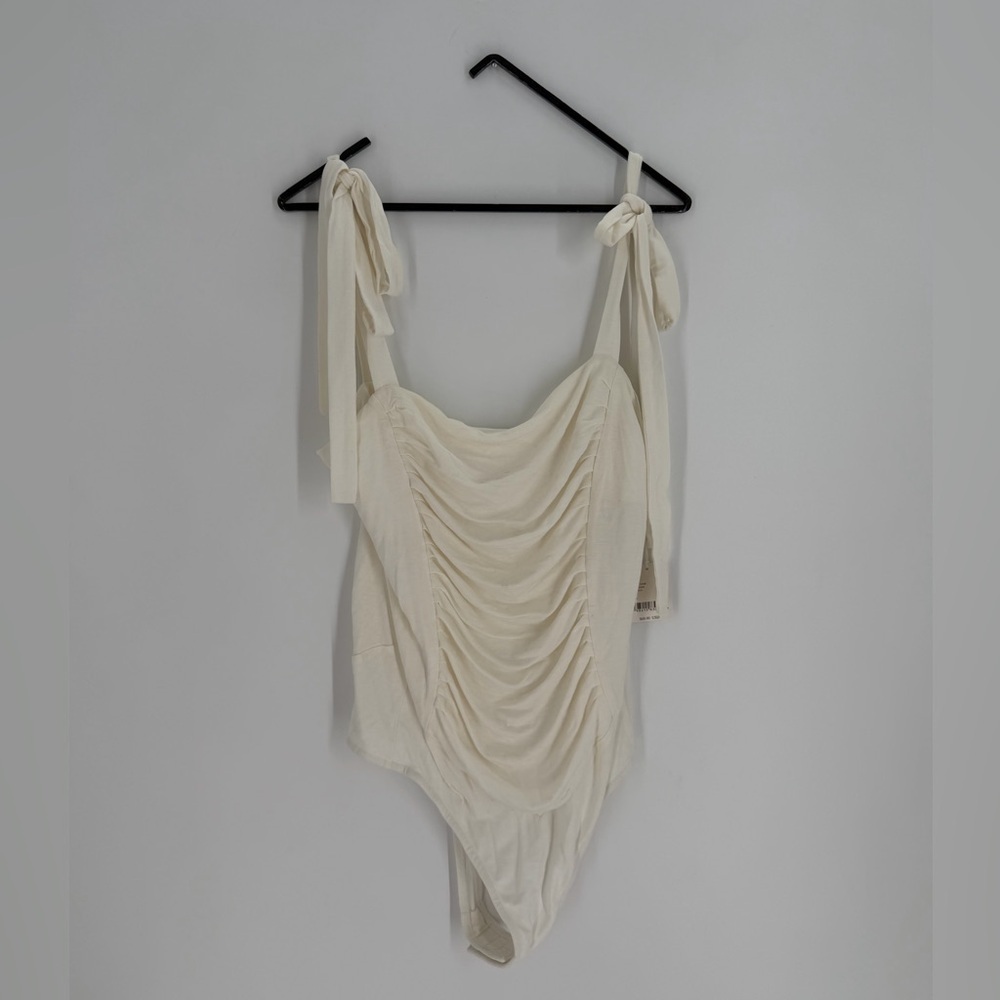 Free People One Jayla Pleated Ribbon Tie Strap Square Neck Bodysuit In Ivory